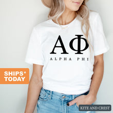 Load image into Gallery viewer, Alpha Phi Block Letter Sorority T-Shirt - Kite and Crest
