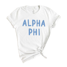 Load image into Gallery viewer, Alpha Phi Blue Bubble Letter Sorority T-Shirt - Kite and Crest
