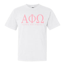 Load image into Gallery viewer, Alpha Phi Omega Classic Pink Letters Comfort Colors T-Shirt - Kite and Crest
