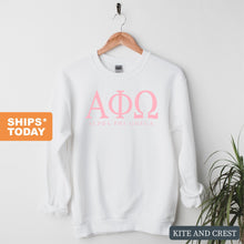 Load image into Gallery viewer, Alpha Phi Omega Classic Pink Letters Sweatshirt - Fraternity Crewneck Sweatshirt - Kite and Crest
