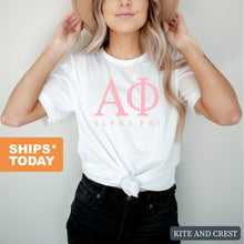 Load image into Gallery viewer, Alpha Phi Pink Letter Sorority T-Shirt - Kite and Crest
