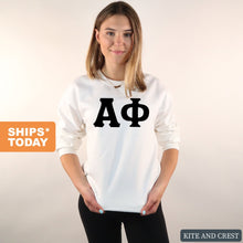 Load image into Gallery viewer, Alpha Phi Sweatshirt | Alpha Phi Basic Black Letters Crewneck Sweatshirt | Alpha Phi Sorority Gift Idea - Kite and Crest
