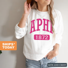 Load image into Gallery viewer, Alpha Phi Sweatshirt | Alpha Phi Large Established Crewneck Sweatshirt | Alpha Phi Sorority Gift Idea - Kite and Crest
