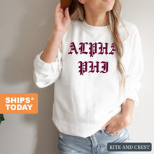 Load image into Gallery viewer, Alpha Phi Sweatshirt | Alpha Phi Old Type Written Crewneck Sweatshirt | Alpha Phi Sorority Gift Idea - Kite and Crest
