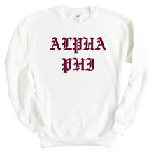 Load image into Gallery viewer, Alpha Phi Sweatshirt | Alpha Phi Old Type Written Crewneck Sweatshirt | Alpha Phi Sorority Gift Idea - Kite and Crest
