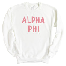 Load image into Gallery viewer, Alpha Phi Sweatshirt | Alpha Phi Pink Bubble Letters Crewneck Sweatshirt | Alpha Phi Sorority Gift Idea - Kite and Crest
