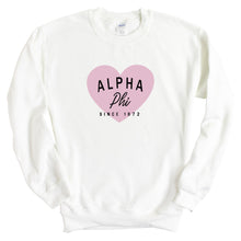 Load image into Gallery viewer, Alpha Phi Sweatshirt | Alpha Phi Pink Heart Crewneck Sweatshirt | Alpha Phi Sorority Gift Idea - Kite and Crest
