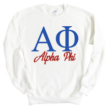 Load image into Gallery viewer, Alpha Phi Sweatshirt | Alpha Phi Red and Blue Crewneck Sweatshirt | Alpha Phi Sorority Gift Idea - Kite and Crest
