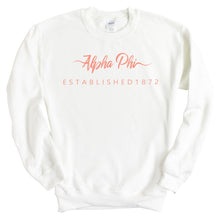 Load image into Gallery viewer, Alpha Phi Sweatshirt | Alpha Phi White Script Letter Crewneck Sweatshirt | Alpha Phi Sorority Gift Idea - Kite and Crest
