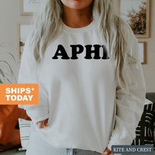 Load image into Gallery viewer, Alpha Phi Sweatshirt - APHI Block Name Crewneck Sweatshirt - Kite and Crest
