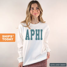 Load image into Gallery viewer, Alpha Phi Sweatshirt - APHI Blue Retro Crewneck Sweatshirt - Kite and Crest
