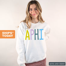 Load image into Gallery viewer, Alpha Phi Sweatshirt - APHI Colorful Lined Crewneck Sweatshirt - Kite and Crest
