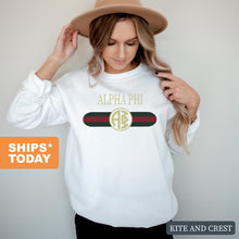 Load image into Gallery viewer, Alpha Phi Sweatshirt - APHI Golden Stripes Crewneck Sweatshirt - Kite and Crest
