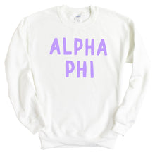 Load image into Gallery viewer, Alpha Phi Sweatshirt - APHI Purple Bubble Letters Crewneck Sweatshirt - Kite and Crest
