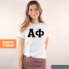 Load image into Gallery viewer, Alpha Phi T-Shirt | A Phi Basic Black Letters Shirt | Alpha Phi Sorority Gift Idea - Kite and Crest
