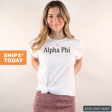 Load image into Gallery viewer, Alpha Phi T-shirt - A Phi Black Written Tee - Kite and Crest
