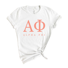 Load image into Gallery viewer, Alpha Phi T-Shirt | A Phi Colored Block Letters Shirt | Alpha Phi Sorority Gift Idea - Kite and Crest
