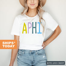 Load image into Gallery viewer, Alpha Phi T-shirt - A Phi Colorful Lined Tee - Kite and Crest
