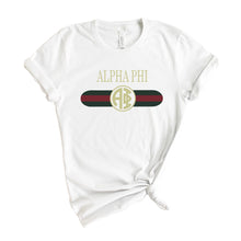 Load image into Gallery viewer, Alpha Phi T-shirt - A Phi Golden Stripes Tee - Kite and Crest
