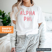 Load image into Gallery viewer, Alpha Phi T-Shirt | A Phi Pink Bubble Letters Shirt | Alpha Phi Sorority Gift Idea - Kite and Crest
