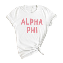 Load image into Gallery viewer, Alpha Phi T-Shirt | A Phi Pink Bubble Letters Shirt | Alpha Phi Sorority Gift Idea - Kite and Crest
