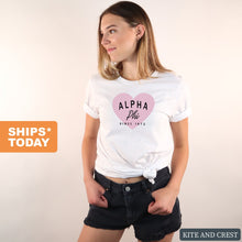 Load image into Gallery viewer, Alpha Phi T-Shirt | A Phi Pink Heart Shirt | Alpha Phi Sorority Gift Idea - Kite and Crest
