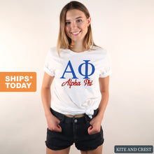 Load image into Gallery viewer, Alpha Phi T-Shirt | A Phi Red and Blue Shirt | Alpha Phi Sorority Gift Idea - Kite and Crest
