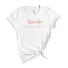 Load image into Gallery viewer, Alpha Phi T-Shirt | A Phi White Script Letter Shirt | Alpha Phi Sorority Gift Idea - Kite and Crest
