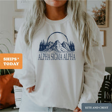 Load image into Gallery viewer, Alpha Sigma Alpha Sweatshirt | Alpha Sigma Alpha Epic Mountains Crewneck Sweatshirt | Alpha Sigma Alpha Sorority Gift Idea - Kite and Crest
