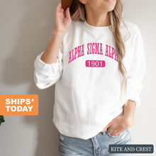 Load image into Gallery viewer, Alpha Sigma Alpha Sweatshirt | Alpha Sigma Alpha Large Established Crewneck Sweatshirt | Alpha Sigma Alpha Sorority Gift Idea - Kite and Crest
