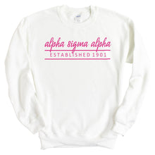 Load image into Gallery viewer, Alpha Sigma Alpha Sweatshirt | Alpha Sigma Alpha Pink Established Crewneck Sweatshirt | Alpha Sigma Alpha Sorority Gift Idea - Kite and Crest
