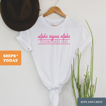 Load image into Gallery viewer, Alpha Sigma Alpha T-Shirt | Alpha Sigma Alpha Pink Established Shirt | Alpha Sigma Alpha Sorority Gift Idea - Kite and Crest
