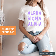 Load image into Gallery viewer, Alpha Sigma Alpha T-shirt - Alpha Sigma Alpha Purple Bubble Letters Tee - Kite and Crest
