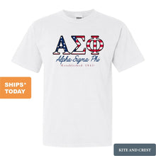Load image into Gallery viewer, Alpha Sigma Phi Comfort Colors T-Shirt - Alpha Sig American Flag Letters Shirt - Kite and Crest
