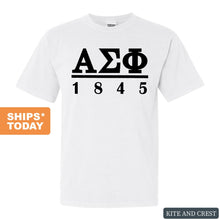 Load image into Gallery viewer, Alpha Sigma Phi Comfort Colors T-Shirt - Alpha Sig Black Letters Shirt - Kite and Crest
