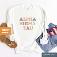 Load image into Gallery viewer, Alpha Sigma Tau Bright and Colorful Sorority Crewneck Sweatshirt - Kite and Crest
