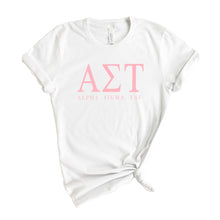 Load image into Gallery viewer, Alpha Sigma Tau Pink Letter Sorority T-Shirt - Kite and Crest
