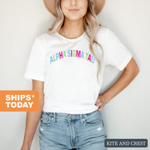 Load image into Gallery viewer, Alpha Sigma Tau Rainbow Letter Sorority T-Shirt - Kite and Crest
