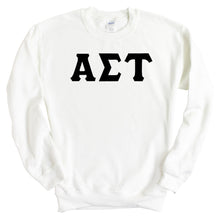 Load image into Gallery viewer, Alpha Sigma Tau Sweatshirt | Alpha Sigma Tau Basic Black Letters Crewneck Sweatshirt | Alpha Sigma Tau Sorority Gift Idea - Kite and Crest
