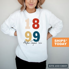 Load image into Gallery viewer, Alpha Sigma Tau Sweatshirt | Alpha Sigma Tau Colorful Year Crewneck Sweatshirt | Alpha Sigma Tau Sorority Gift Idea - Kite and Crest

