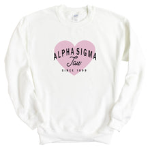 Load image into Gallery viewer, Alpha Sigma Tau Sweatshirt | Alpha Sigma Tau Pink Heart Crewneck Sweatshirt | Alpha Sigma Tau Sorority Gift Idea - Kite and Crest
