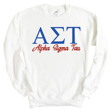 Load image into Gallery viewer, Alpha Sigma Tau Sweatshirt | Alpha Sigma Tau Red and Blue Crewneck Sweatshirt | Alpha Sigma Tau Sorority Gift Idea - Kite and Crest
