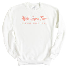 Load image into Gallery viewer, Alpha Sigma Tau Sweatshirt | Alpha Sigma Tau White Script Letter Crewneck Sweatshirt | Alpha Sigma Tau Sorority Gift Idea - Kite and Crest
