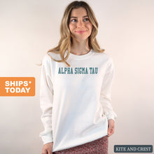 Load image into Gallery viewer, Alpha Sigma Tau Sweatshirt - Alpha Tau Blue Retro Crewneck Sweatshirt - Kite and Crest
