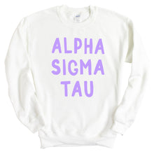 Load image into Gallery viewer, Alpha Sigma Tau Sweatshirt - Alpha Tau Purple Bubble Letters Crewneck Sweatshirt - Kite and Crest
