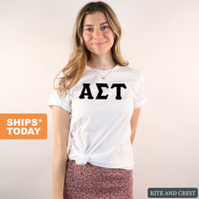 Load image into Gallery viewer, Alpha Sigma Tau T-Shirt | Alpha Tau Basic Black Letters Shirt | Alpha Sigma Tau Sorority Gift Idea - Kite and Crest
