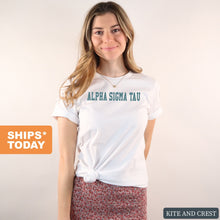 Load image into Gallery viewer, Alpha Sigma Tau T-shirt - Alpha Tau Blue Retro Tee - Kite and Crest
