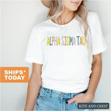 Load image into Gallery viewer, Alpha Sigma Tau T-shirt - Alpha Tau Colorful Lined Tee - Kite and Crest
