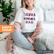 Load image into Gallery viewer, Alpha Sigma Tau T-Shirt | Alpha Tau Old Type Written Shirt | Alpha Sigma Tau Sorority Gift Idea - Kite and Crest

