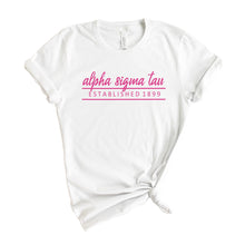 Load image into Gallery viewer, Alpha Sigma Tau T-Shirt | Alpha Tau Pink Established Shirt | Alpha Sigma Tau Sorority Gift Idea - Kite and Crest
